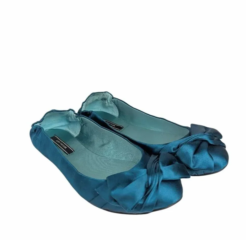 Ann Taylor Peacock Teal Blue satin bow ballet flats womens 9